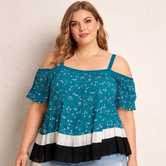 Lane Bryant Tops - Lane Bryant Top Womens Plus 22 Teal Floral Cold Shoulder Pleated Contrast Trim